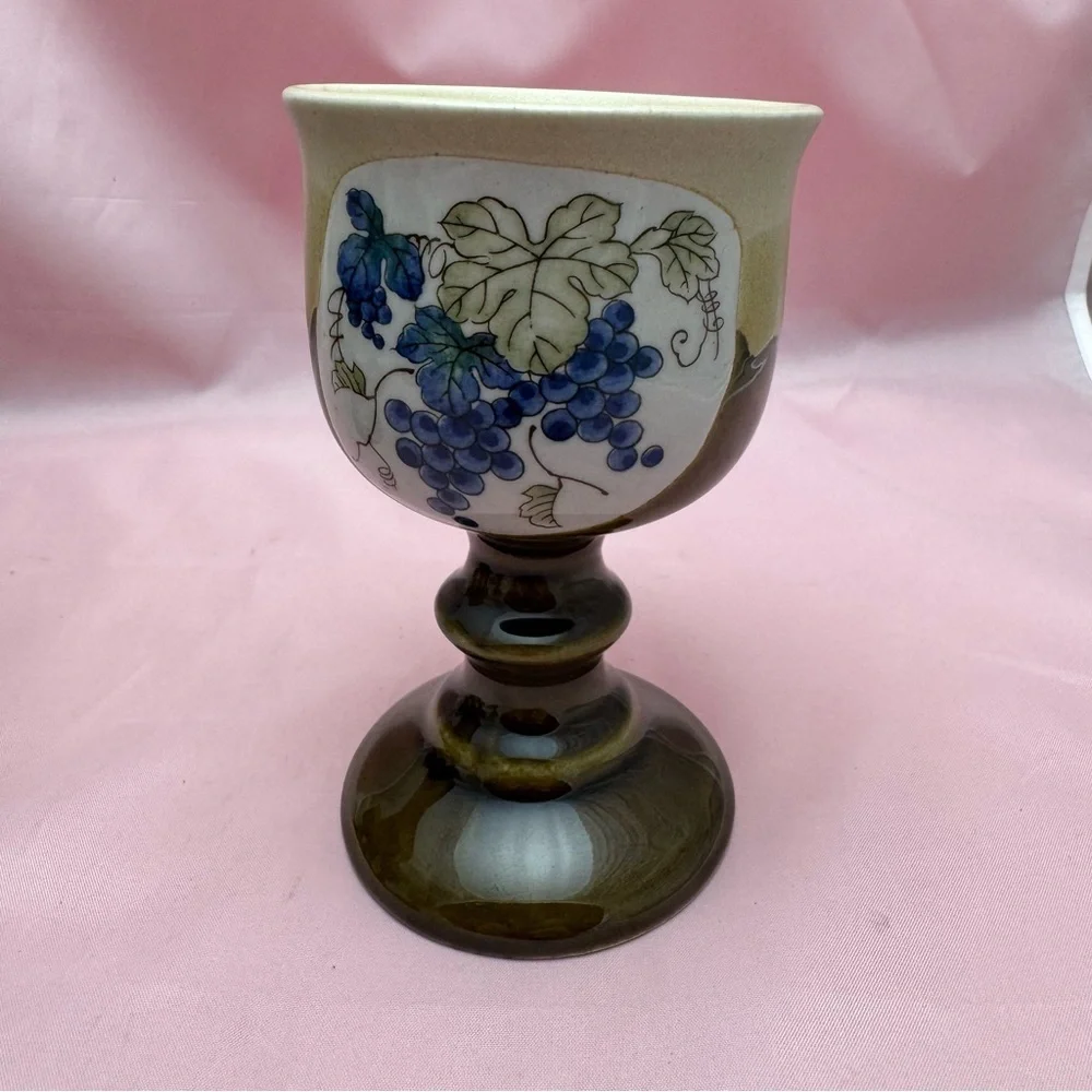 VTG Otagiri Blue Grapevine Goblet Set Stoneware MCM Wine Barware Japan